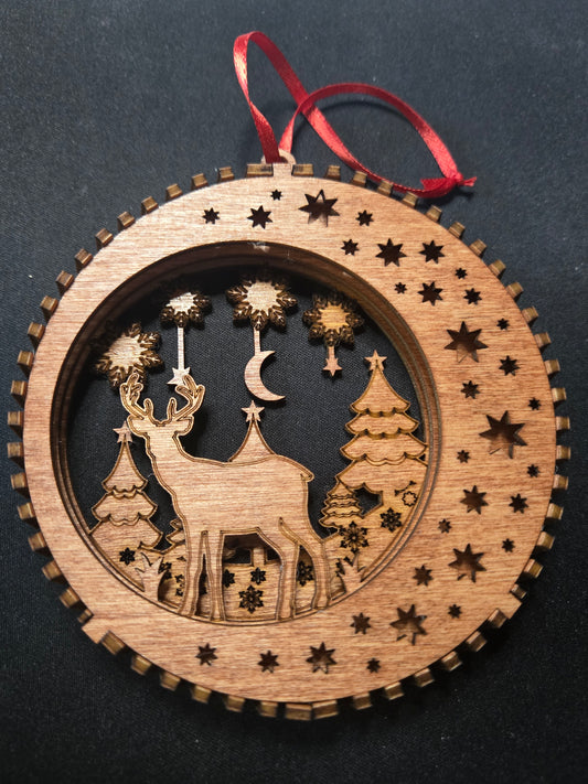 3 layer Deer and Christmas trees Christmas scene Ornament