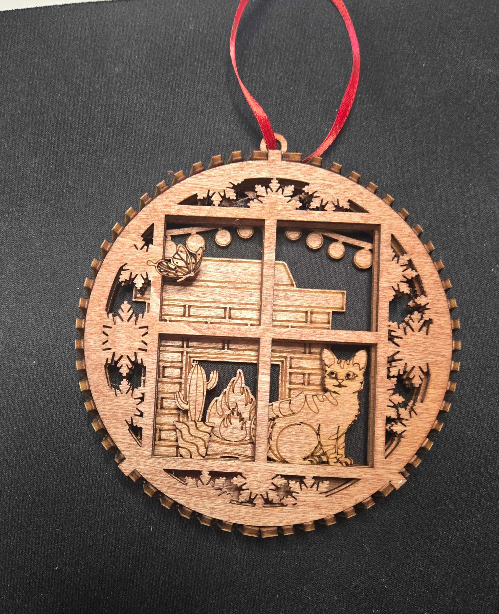 3 layer Cat and Fireplace Christmas scene Ornament