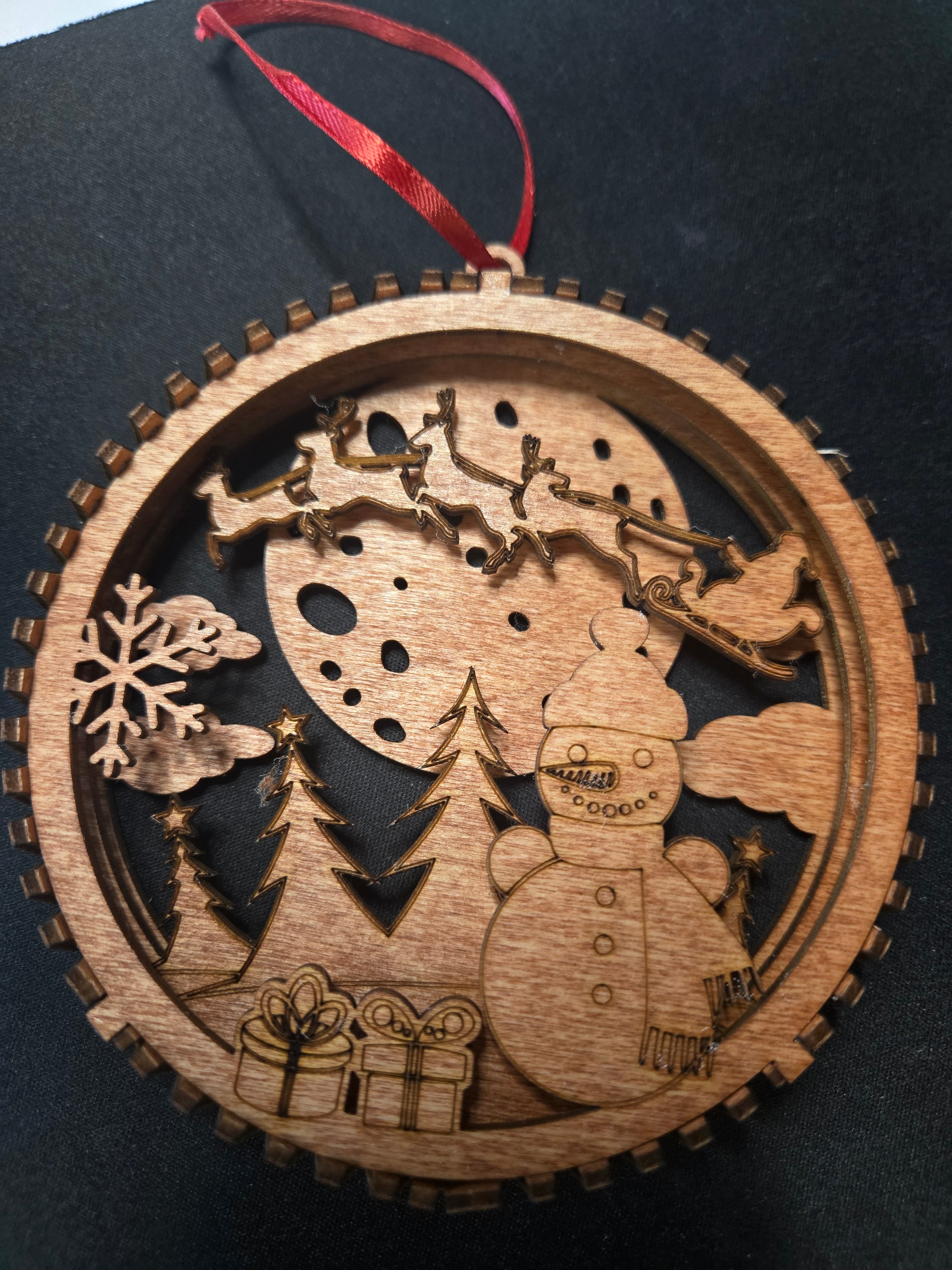 3 layer Snowman and flying Santa Christmas scene Ornament