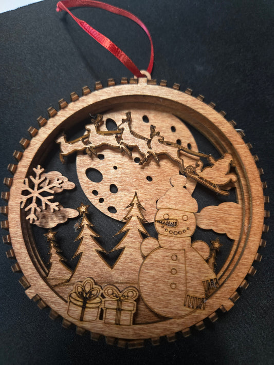 3 layer Snowman and flying Santa Christmas scene Ornament